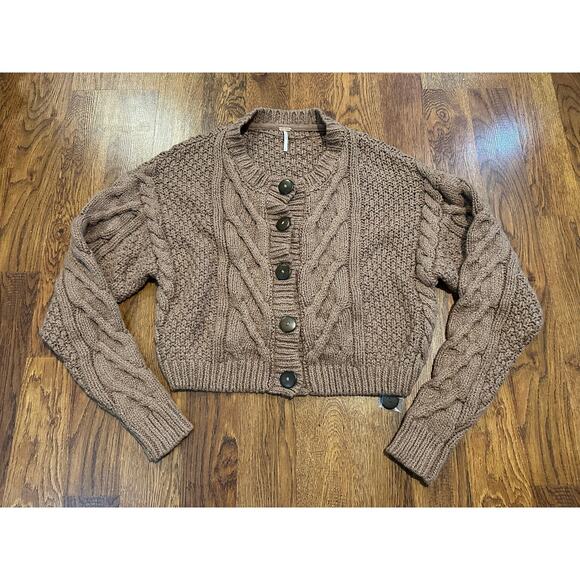 Free People Bonfire Chunky Knit Cardigan Sweater Brown - Large NWOT Cozy Cotton - Picture 1 of 8